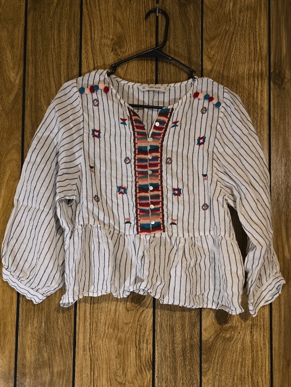 Zara White Striped Embroidered Peasant Tunic with Multicolor Trim
